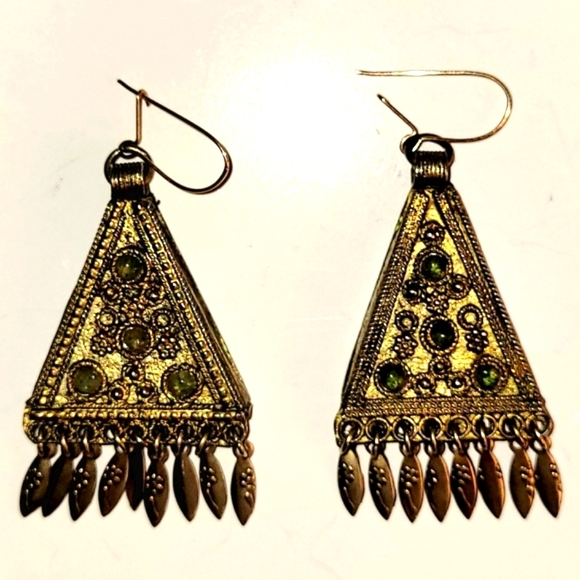 Vintage Brass with Green Stones Triangle Earrings Made in Israel - Picture 4 of 5